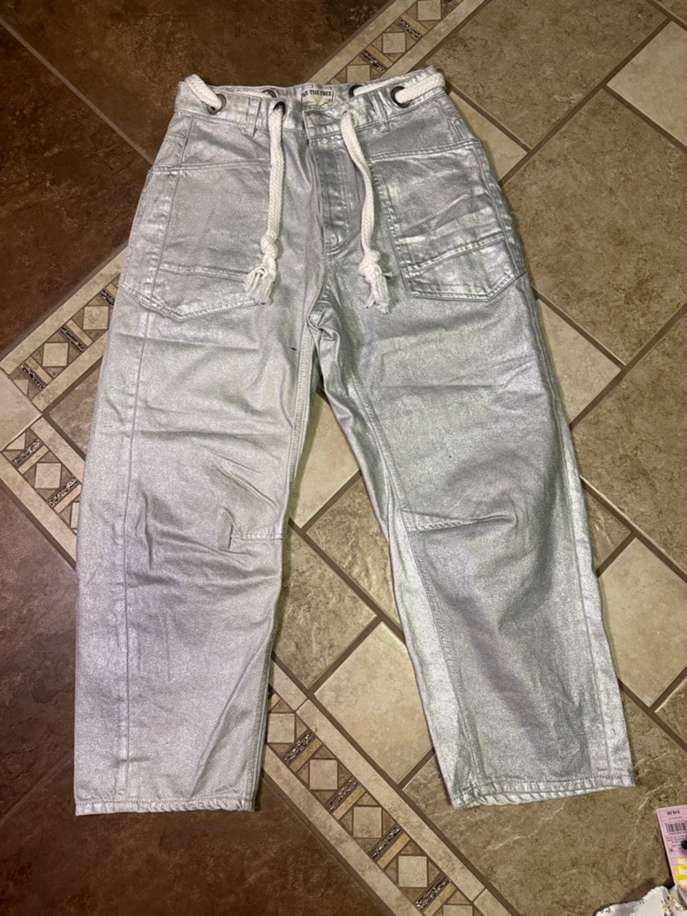 We The Free Metallic Silver barrel Pants with White Drawstring